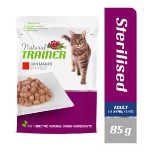 Natural Trainer Adult Sterilised with Beef konservi sterilizētiem kaķiem ar liellopu 85g