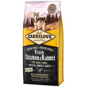 CARNILOVE Fresh Chicken & Rabbit for Adult  bezgraudu barība jebkura izmēra suņiem ar vistu@trusi 12 kg 