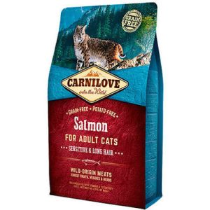 CARNILOVE Salmon Adult Cat Sensitive & Long Hair bezgraudu sausā barība kaķiem ar lasi 2kg