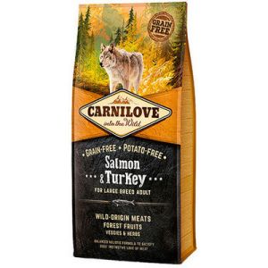  	 CARNILOVE Salmon & Turkey Large Breed Adult bezgraudu barība lielu šķirņu pieaugušiem suņiem ar lasi@tītaru 12 kg 