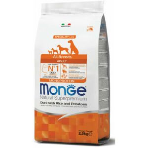 Monge All Breeds Adult Monoprotein Duck with Rice and Potatoes barība visu šķirņu suņiem ar pīli un kartupeļiem 2.5kg 