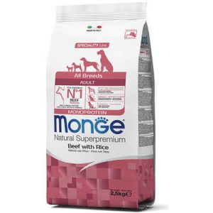 MONGE ALL BREEDS Adult Monoprotein Beef with Rice barība visu sķirņu suņiem ar liellopu 2.5kg 
