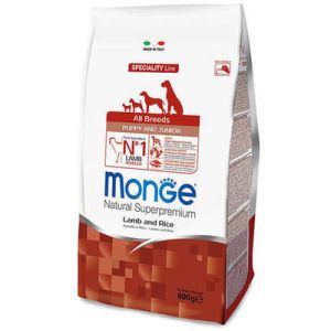 MONGE ALL BREEDS Puppy & Junior Lamb and Rice barība visu šķirņu kucēniem ar jēru 2.5kg 