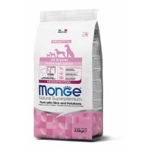 MONGE ALL BREEDS Puppy & Junior Pork, Rice and Potatoes barība visu šķirņu kucēniem ar cūku 2.5kg