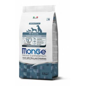 MONGE ALL BREEDS Puppy & Junior Trout, Rice&Potatoe barība visu šķirrņu kucēniem ar forel 2.5kg