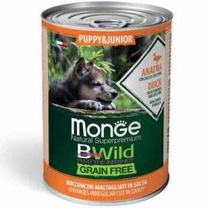 Monge BWild chunkies in gravy Puppy Duck with Pumpkin and Zucchini konservi kucēniem gabaliņi mērcē ar pīli 12 x 400g