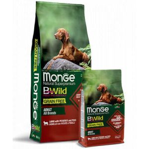 MONGE BWILD GF Adult Lamb with Potatoes and Peas bezgraudu barība visu šķirņu suņiem ar jēru 12kg 