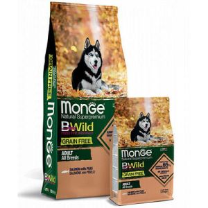 MONGE BWILD GF Adult Salmon with Peas bezgraudu barība visu šķirņu suņiem ar lasi 12 kg 