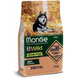 MONGE BWILD GF Adult Salmon with Peas bezgraudu barība visu šķirņu suņiem ar lasi 2.5kg 