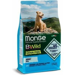 MONGE BWILD GF MINI with Anchovies, Potatoes & Peas bezgraudu barība mazo šķirņu pieaugušiem suņiem ar anšoviem 2.5kg