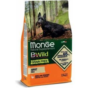MONGE BWILD GF MINI with Duck & Potatoes bezgraudu barība mazo šķirņu suņiem ar pīli 2.5kg 