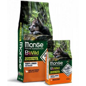 MONGE BWILD GF Puppy & Junior with Duck & Potatoes bezgraudu barība visu šķirņu kucēniem ar pīli 12 kg 