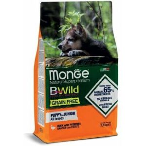 MONGE BWILD GF Puppy & Junior with Duck & Potatoes bezgraudu barība visu šķirnu kucēniem ar pīli2,5 kg 