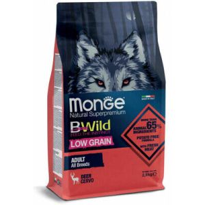 MONGE BWILD Low Grain Adult Deer barība visu šķirņu suņiem ar briedi 2.5kg 