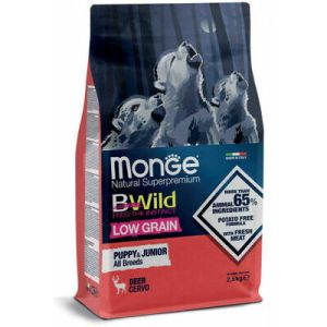 MONGE BWILD Low Grain Puppy&Junior Deer barība visu šķirņu kucēniem ar briedi 12kg 