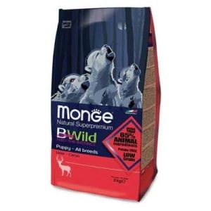 MONGE BWILD Low Grain Puppy&Junior Deer barība visu šķirņu kucēniem ar briedi 2.5kg 