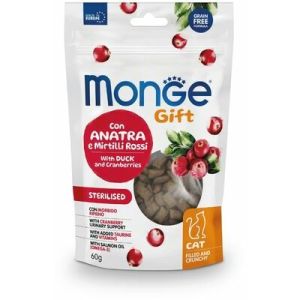 MONGE GIFT Cat FILLED & CRUNCHY Sterilsed Duck and cranberries kārums kaķiem ar pīli 60g