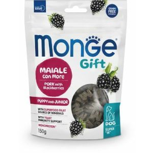 MONGE GIFT Dog SUPER M Puppy & Junior Pork with blackberries kārums kucēniem ar cūku un kazenēm 150g