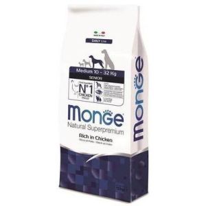 MONGE MEDIUM Senior sausā barība vidēju šķirņu veciem suņiem ar vistas gaļu 12 kg 