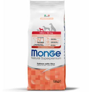 MONGE MINI Puppy & Junior Salmon and Rice  barība mazo šķirņu kucēniem ar lasi 7.5kg