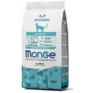 MONGE Sterilised Monoprotein CodFish sausā barība sterilizētiem kaķiem ar zivi 1,5kg