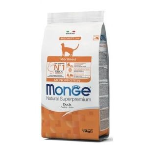 MONGE Sterilised Monoprotein Duck sausā barība sterilizētiem kaķiem ar pīli 1,5kg